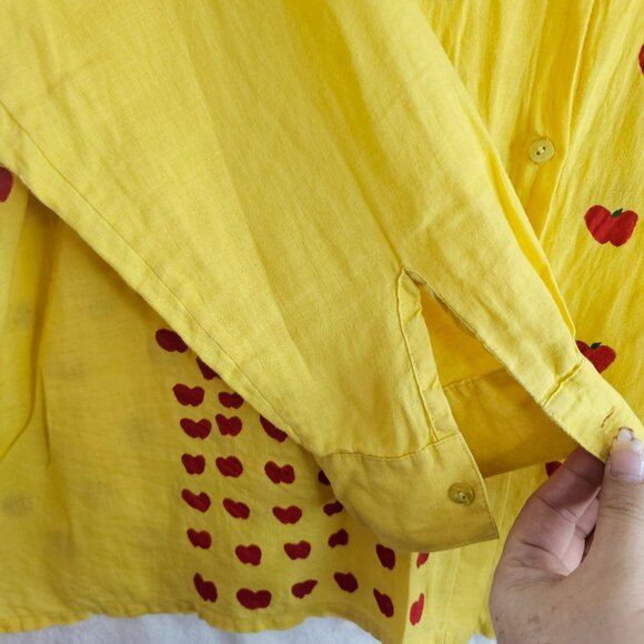 Eileen Fisher Yellow Button Up Top 100% Irish Linen Hand Painted Red Apples XL - Picture 14 of 16